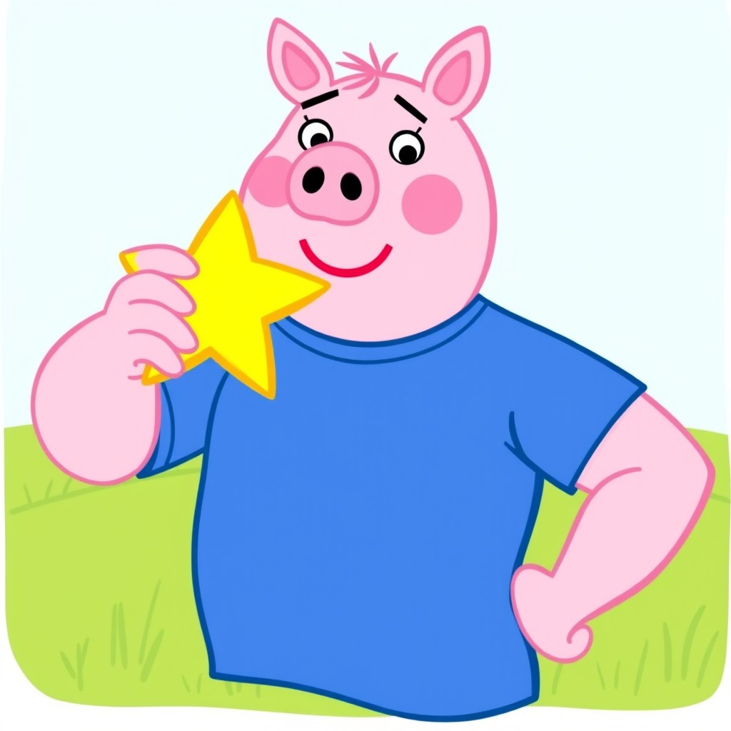A strong male pig character holding a star, dressed in a blue shirt, illustrated in the charming and simplistic Peppa Pig art style