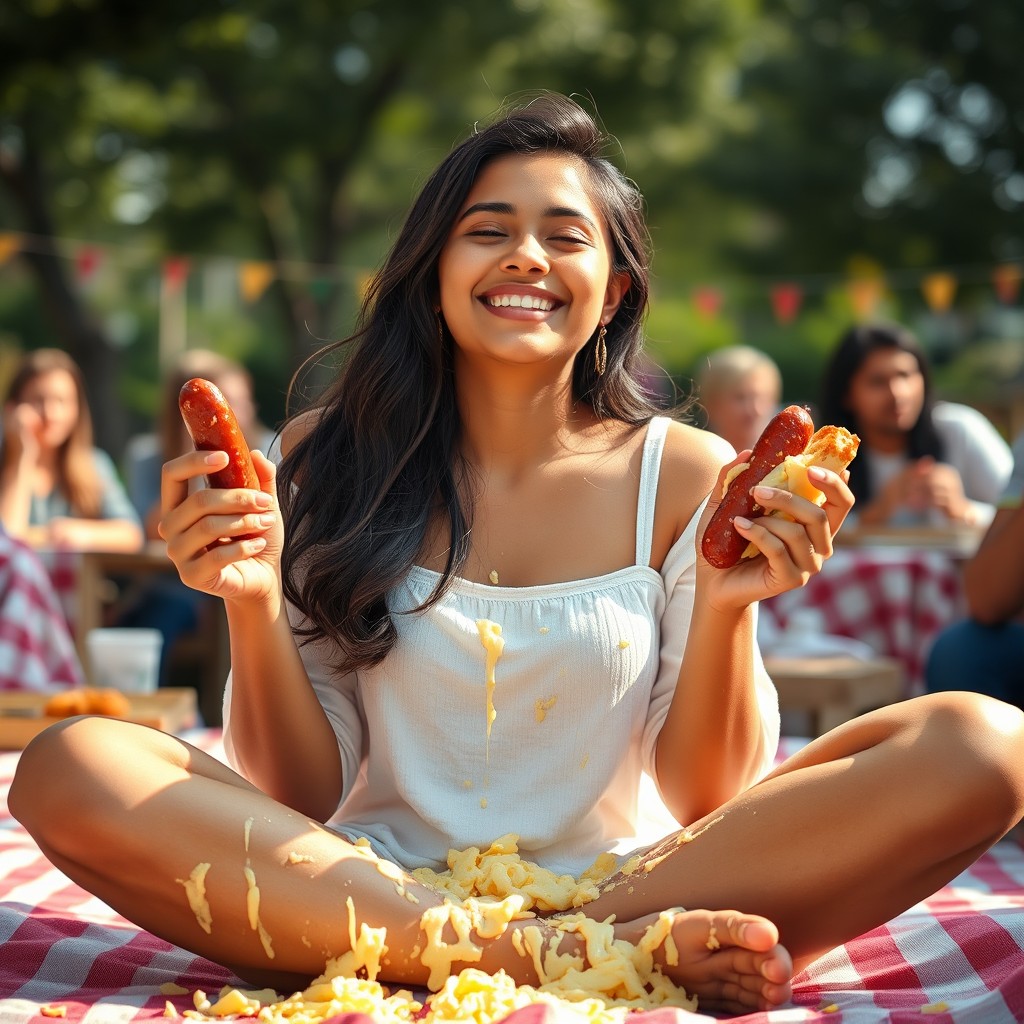 A vibrant scene featuring a young woman of Pakistani descent, 18 years old, sitting in a relaxed, criss-cross position with a joyful expression, her eyes closed as she smiles