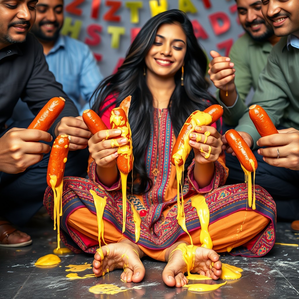 A hot Pakistani girl, 18 years old, sitting criss-cross on the ground, her eyes closed and smiling with a joyful expression