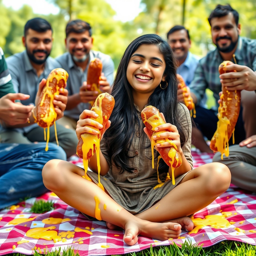 A vibrant scene featuring a joyful Pakistani girl, 18 years old, sitting criss-cross on a picnic blanket, smiling with her eyes closed