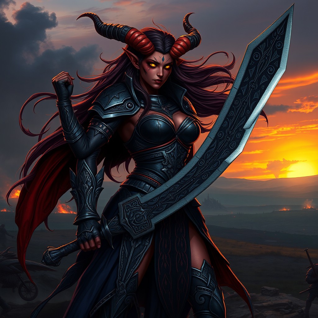 A fierce female tiefling warrior standing confidently on a battlefield, clad in beautifully detailed armor with dark motifs and glowing runes