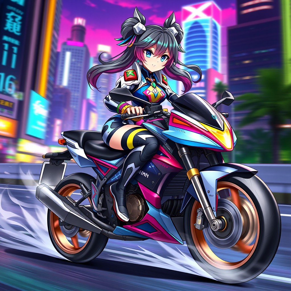 Arlecchino in Action: Genshin Impact's Bold Character on a Sleek Motorcycle