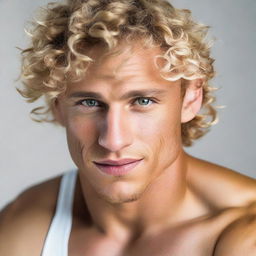 A hot, boyish and muscular man with feminine features, curly blonde hair and enchanting hazel eyes, contributing to his unique attractiveness.