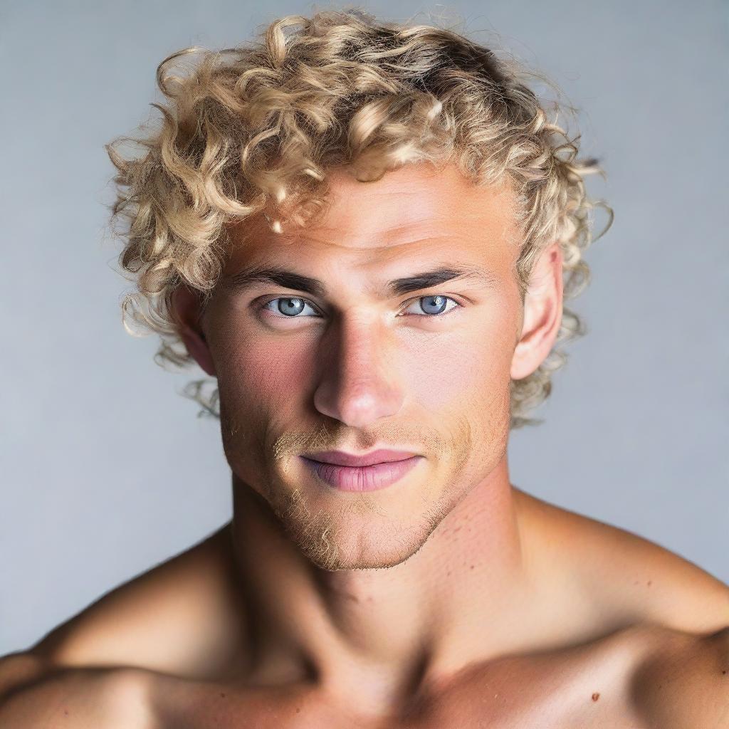 A hot, boyish and muscular man with feminine features, curly blonde hair and enchanting hazel eyes, contributing to his unique attractiveness.