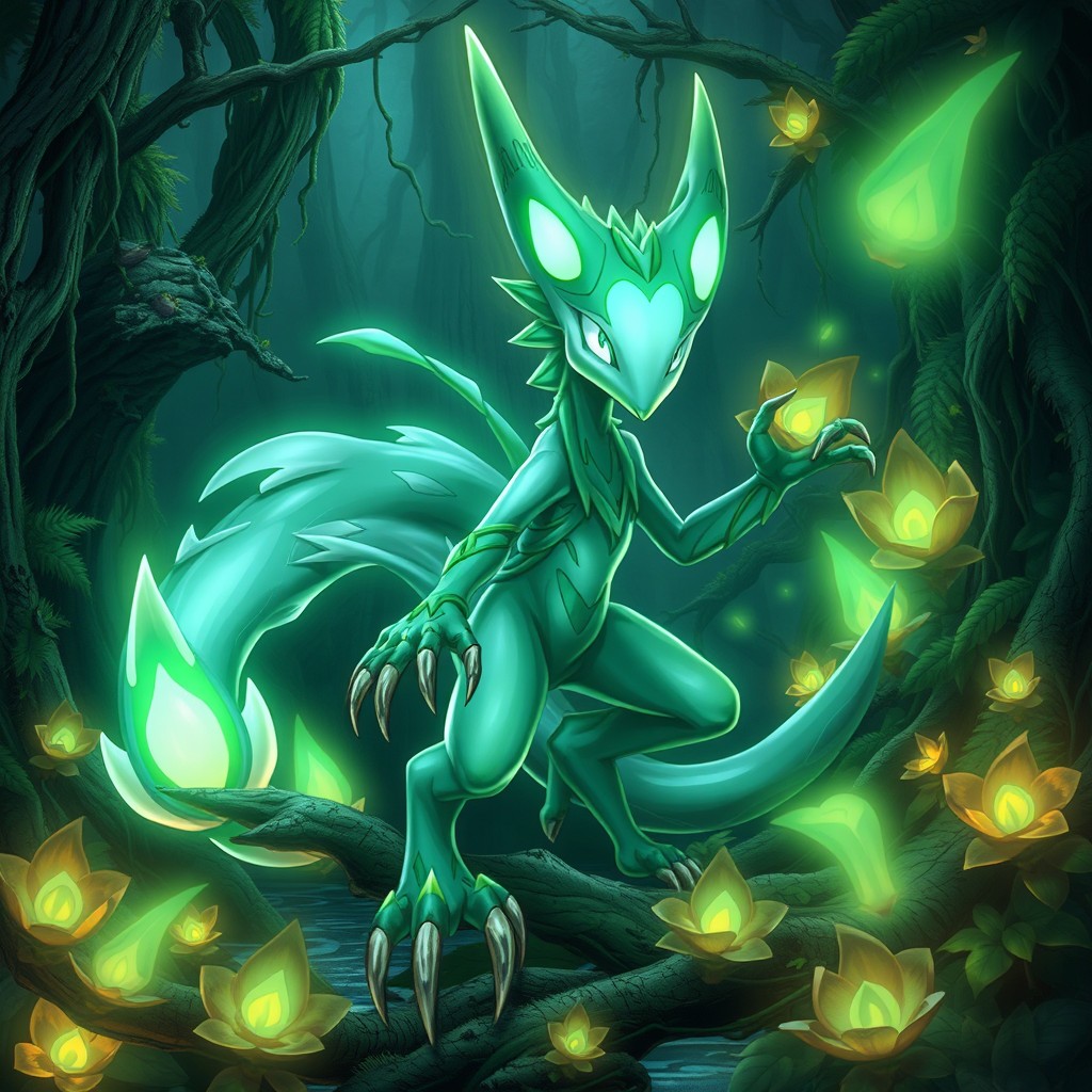 A Plant-type Mewtwo, with a body made of glowing bioluminescent vines and petrified wood claws