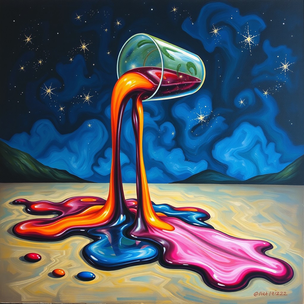 A surreal painting depicting a glass of wine spilling off a table, the liquid melting and liquefying into a vibrant stream of colors