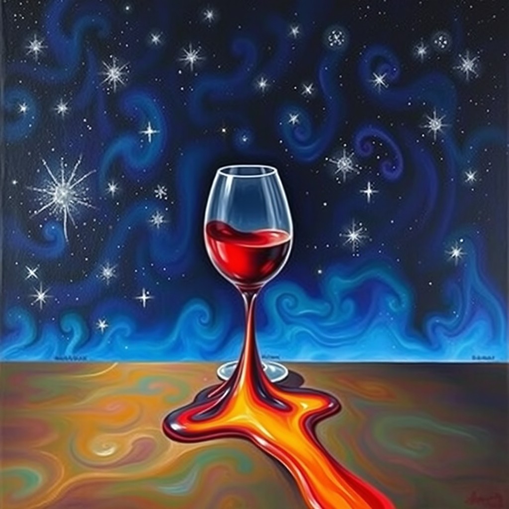 A surreal painting showcasing a glass of wine melting off a table, with the liquid vividly liquefying and cascading into a colorful stream