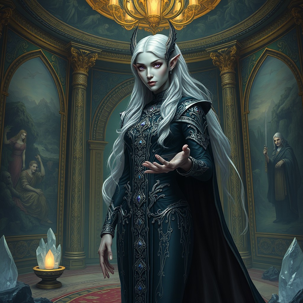 A drow courtier standing elegantly in an opulent underground chamber, wearing intricate dark elven attire embellished with silver and gemstones