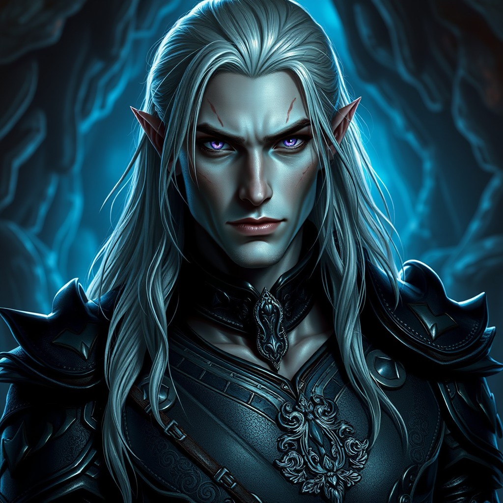 A charismatic male drow character, resembling a movie star, with striking features, long silver hair cascading down his shoulders, and piercing purple eyes