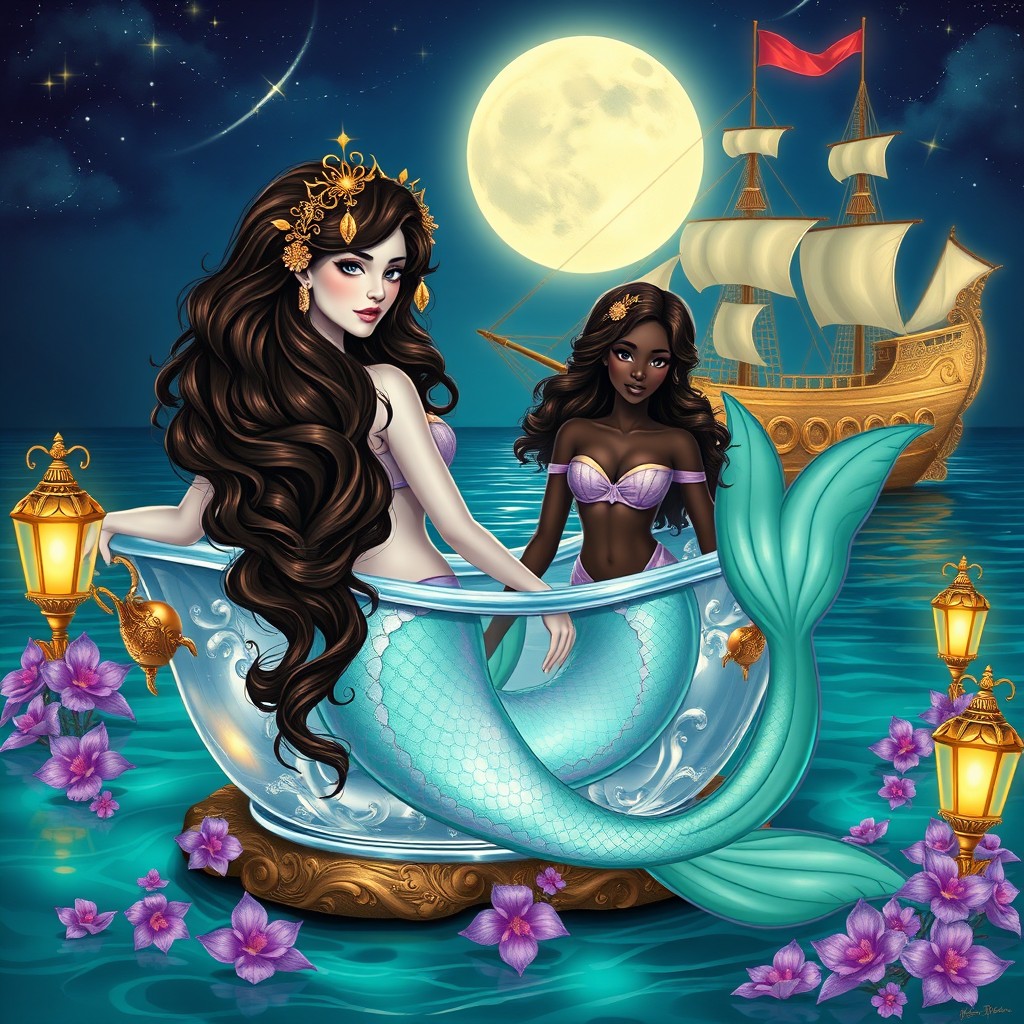 A beautiful painting of two stylized adult mermaids, both with very long, curly chestnut mahogany hair