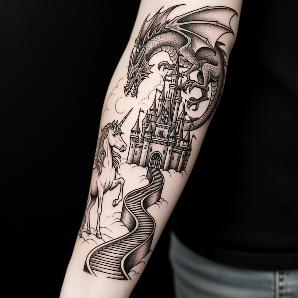 A captivating fairytale castle dominates the design, featuring a long slithering path made of ornate stairs that tone out at the bottom, creating an intriguing visual flow