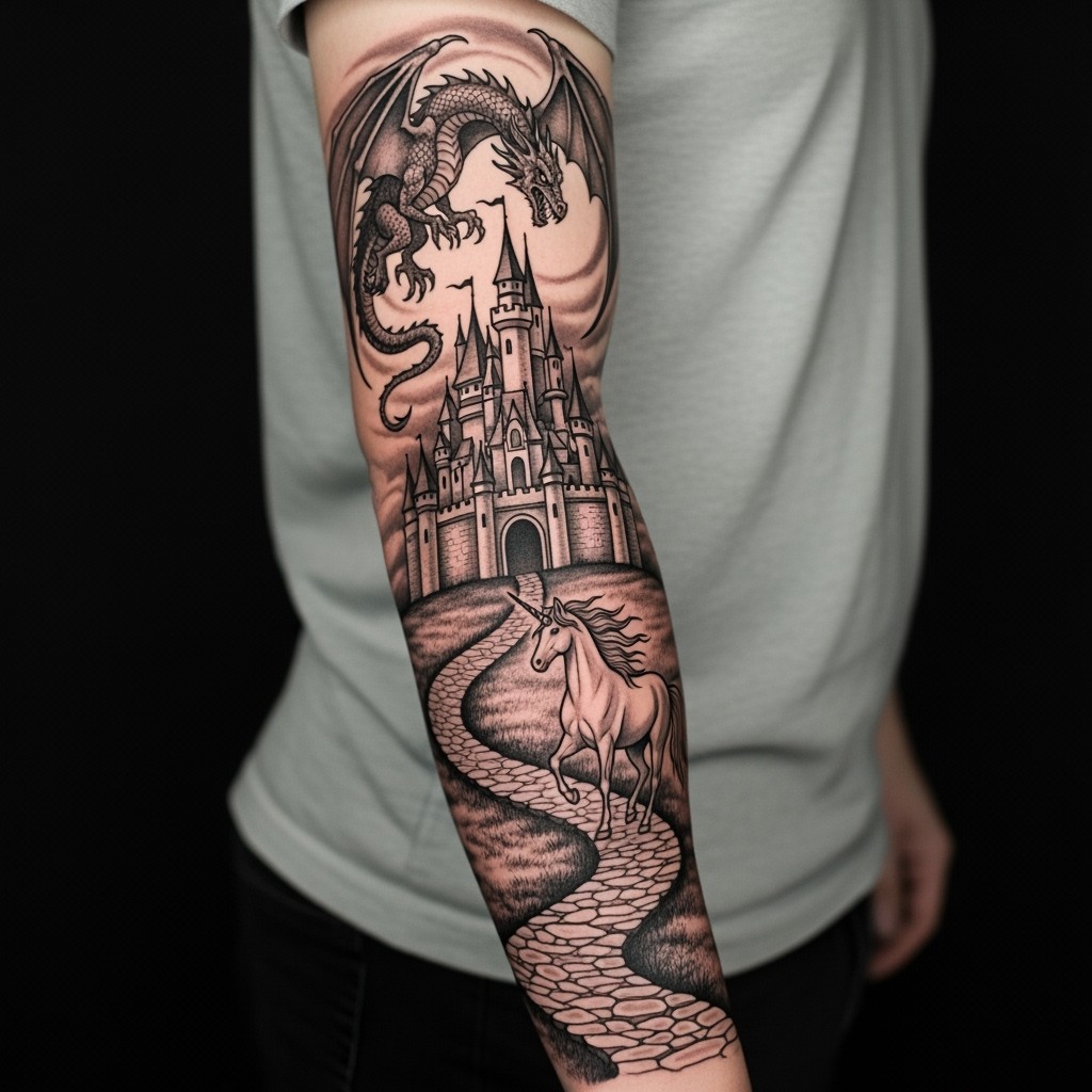 An enchanting fairytale castle stands majestically, with a long slithering path made of rugged rock leading the way, toning out gracefully at the bottom