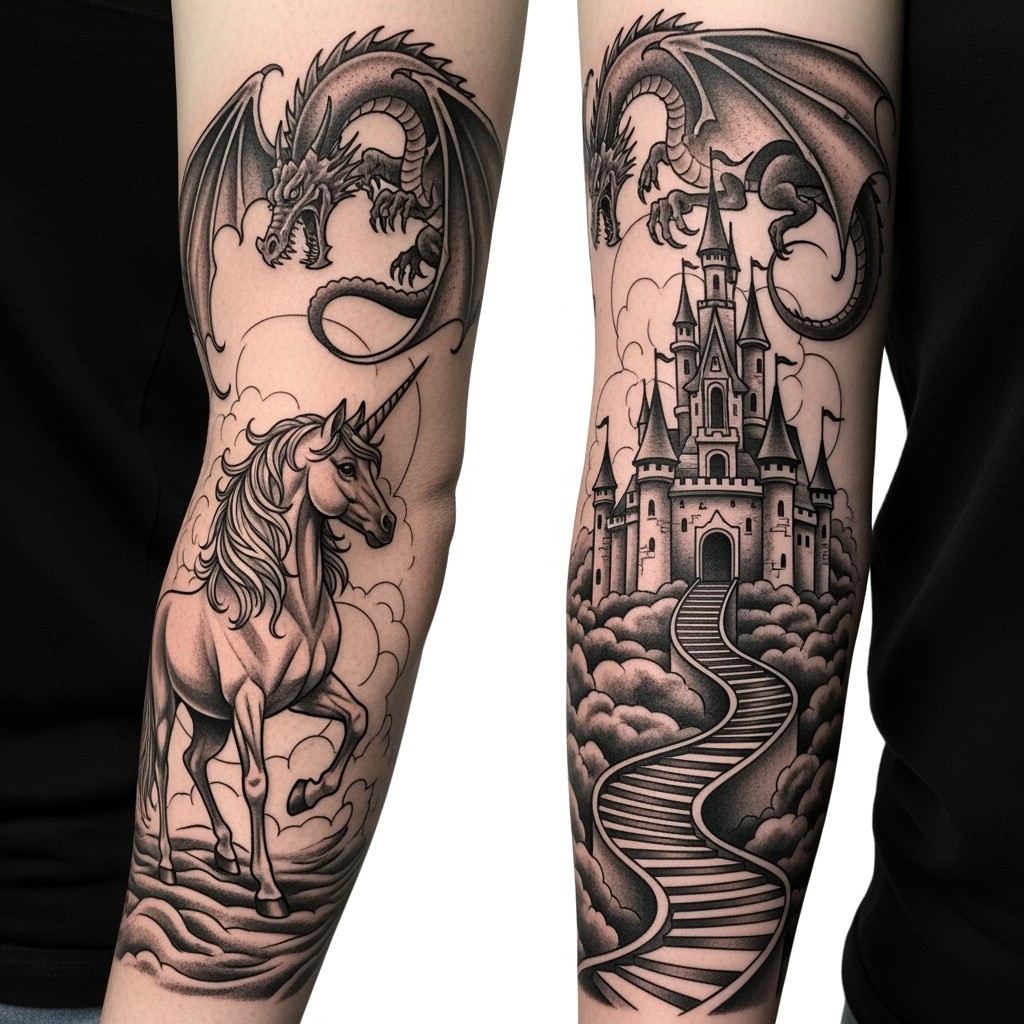 A dramatic fairytale castle is illustrated prominently, featuring a long slithering path made from intricately designed stairs that tone out at the bottom, leading up to the castle with a whimsical yet ominous appearance