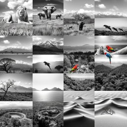A collection of 30 black and white images showcasing various animals in their natural habitats and stunning landscapes
