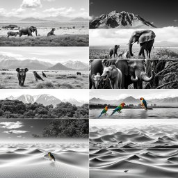 A collection of 30 black and white images showcasing various animals in their natural habitats and stunning landscapes