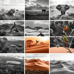 A collection of 30 black and white images showcasing various animals in their natural habitats and stunning landscapes