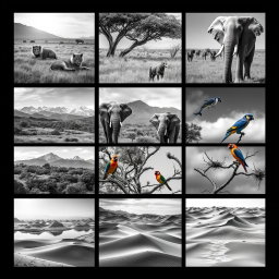 A collection of 30 black and white images showcasing various animals in their natural habitats and stunning landscapes