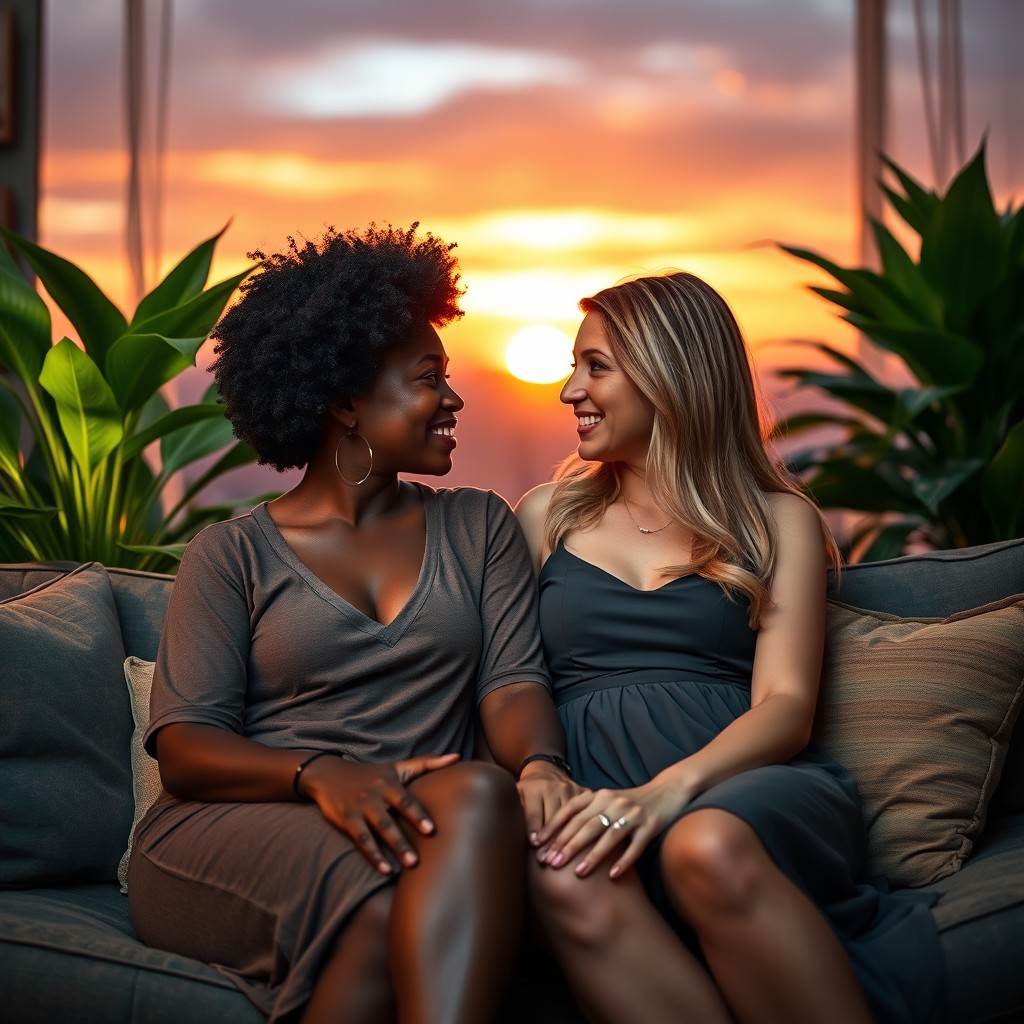 An intimate and tender moment between two interracial lesbian couples, showcasing their love and connection