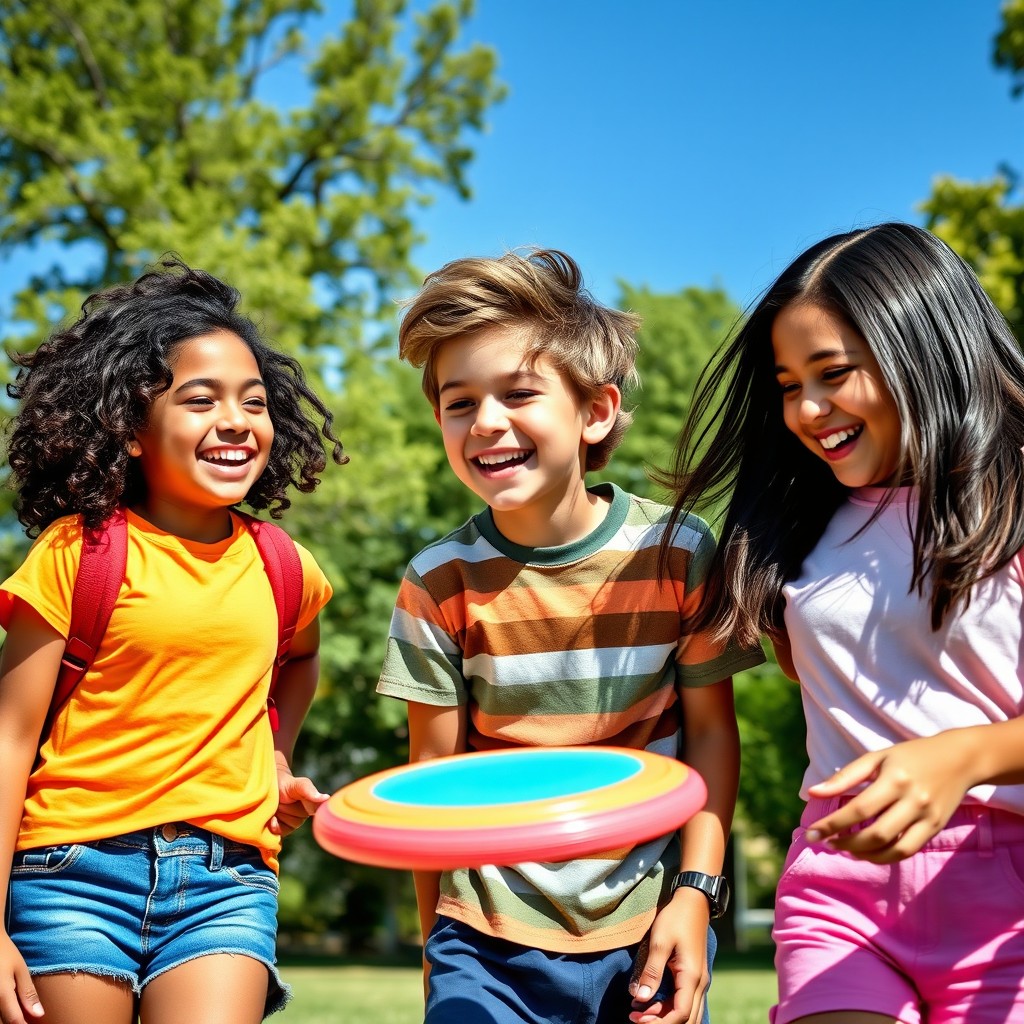 A vibrant and joyful scene featuring a young diverse group of friends outdoors, enjoying a sunny day at the park