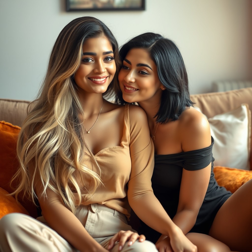 An intimate portrait of a beautiful Indian woman with long, flowing blonde hair, gently smiling while sitting on a cozy sofa