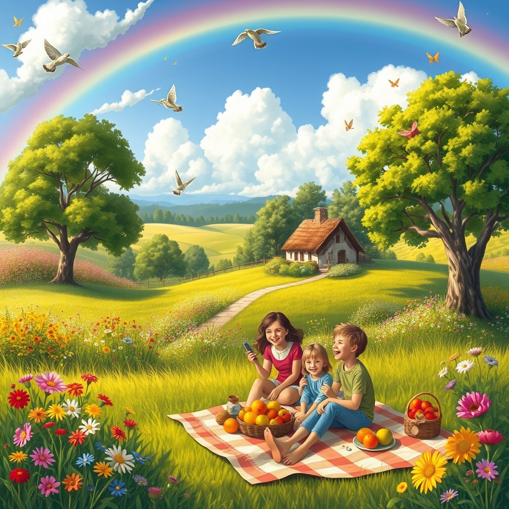 A serene landscape depicting a peaceful and happy life, featuring a vibrant countryside with lush green fields and colorful wildflowers