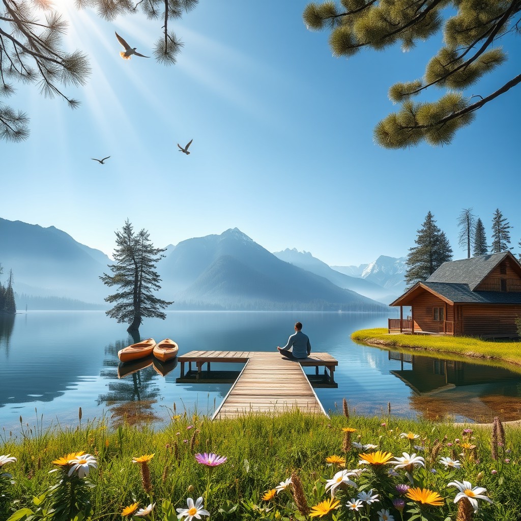 A tranquil scene depicting a peaceful life, showcasing a serene lake surrounded by majestic mountains under a clear blue sky