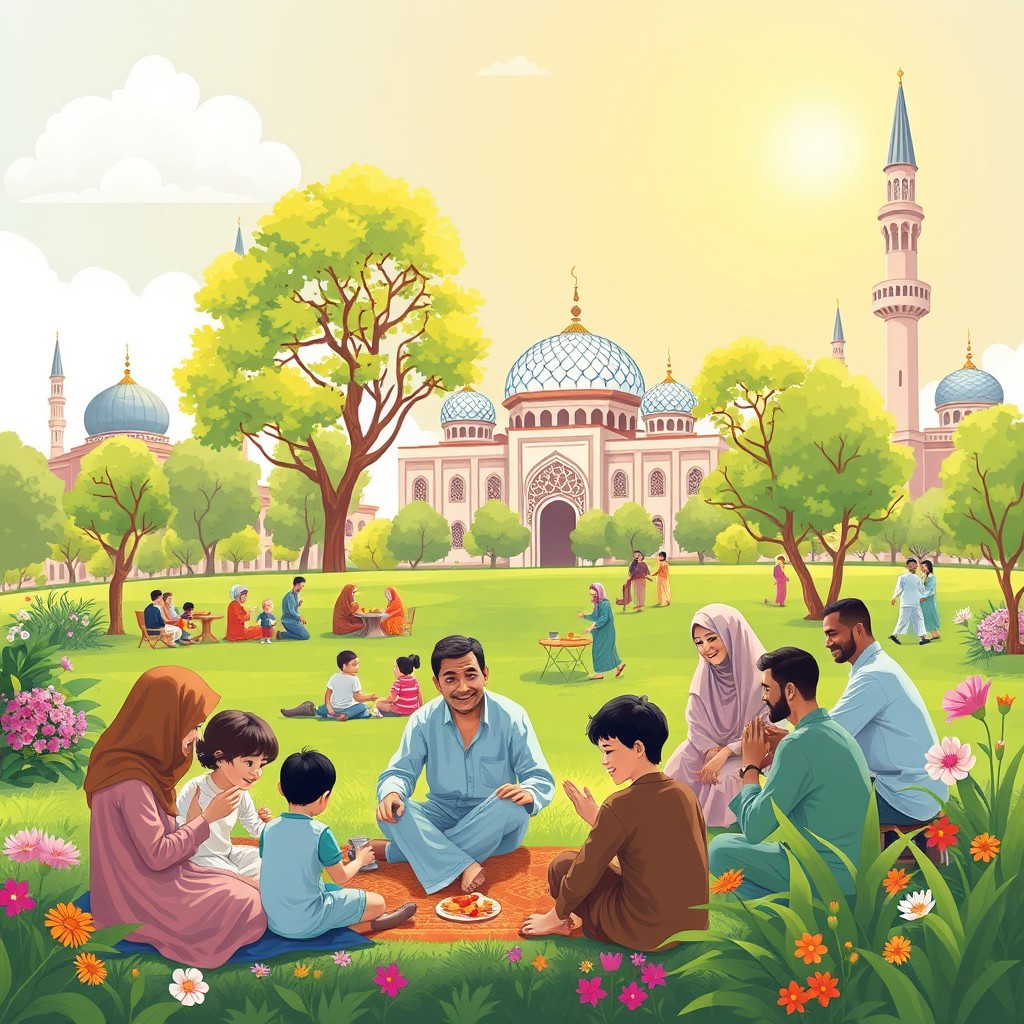 A serene and joyful depiction of an Islamic lifestyle, showcasing a diverse group of people engaging in peaceful activities together in a vibrant community park