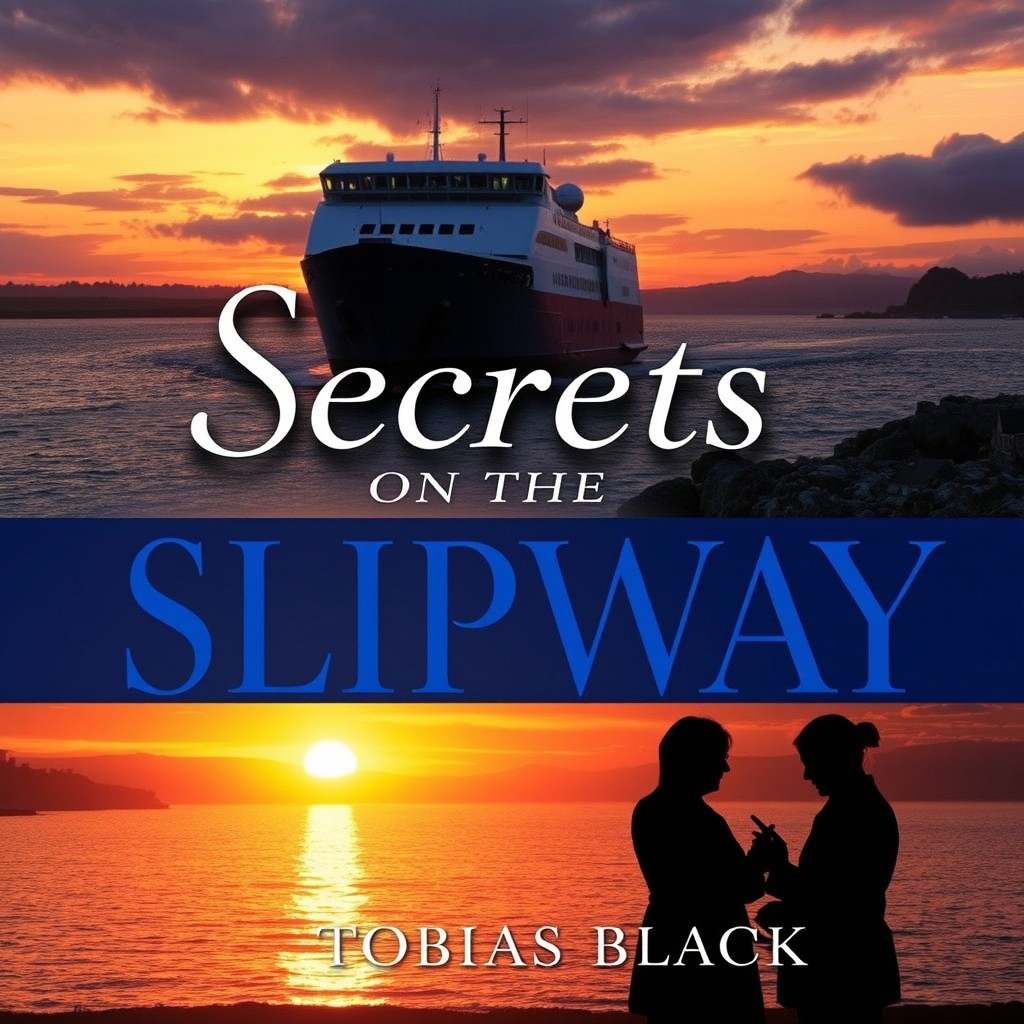 An intriguing book cover for the novel 'Secrets on the Slipway', set against the backdrop of the Isle of Wight, specifically focusing on the iconic chain link ferry and the vibrant town of Cowes