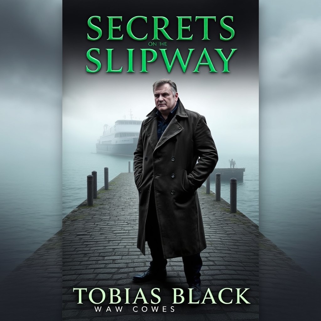 An atmospheric crime book cover for 'Secrets on the Slipway', set in the picturesque yet mysterious town of Cowes