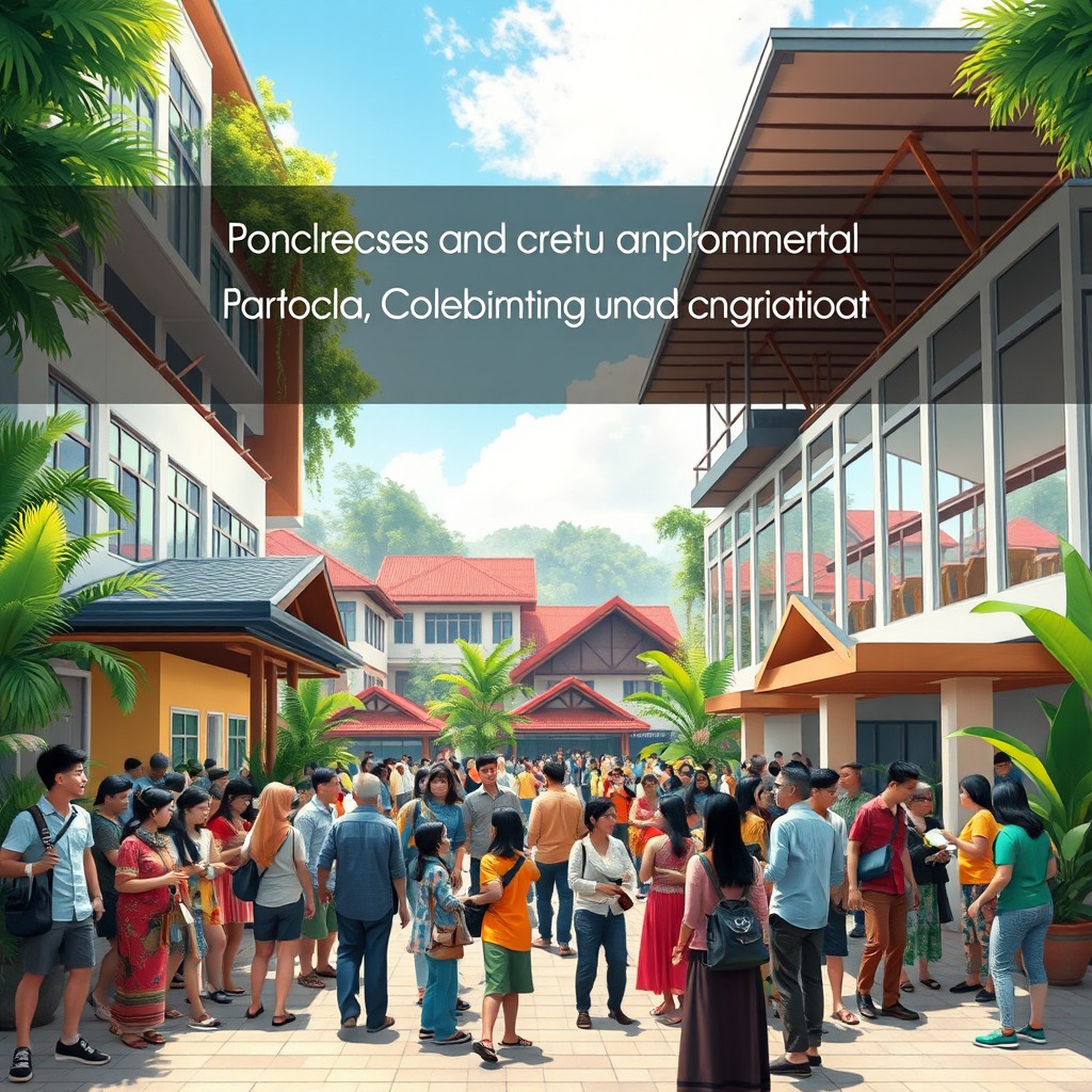 A realistic and detailed image illustrating the concept of progress and prosperity in North Sulawesi through social transformation and governance