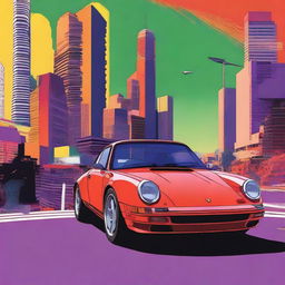 Create a poster featuring a Porsche 911 rendered in the bold and vibrant aesthetic typical of the anime series Neon Genesis Evangelion