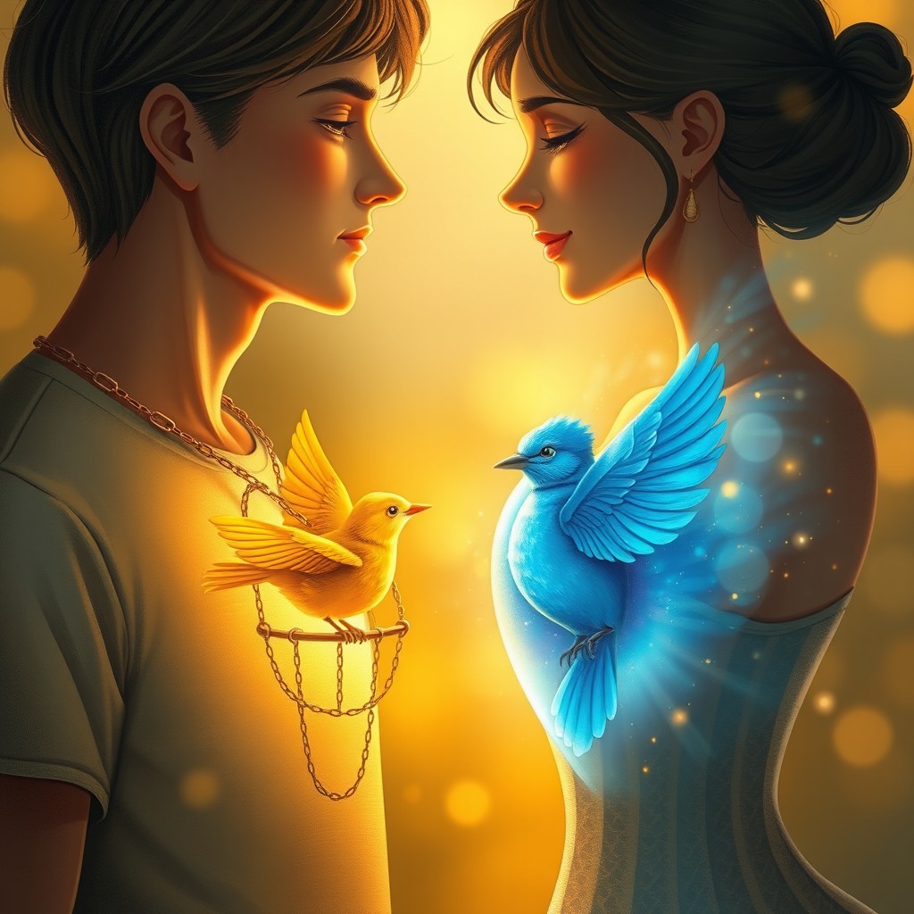 A captivating illustration featuring a man and a woman standing face to face, their eyes locked in a deep connection