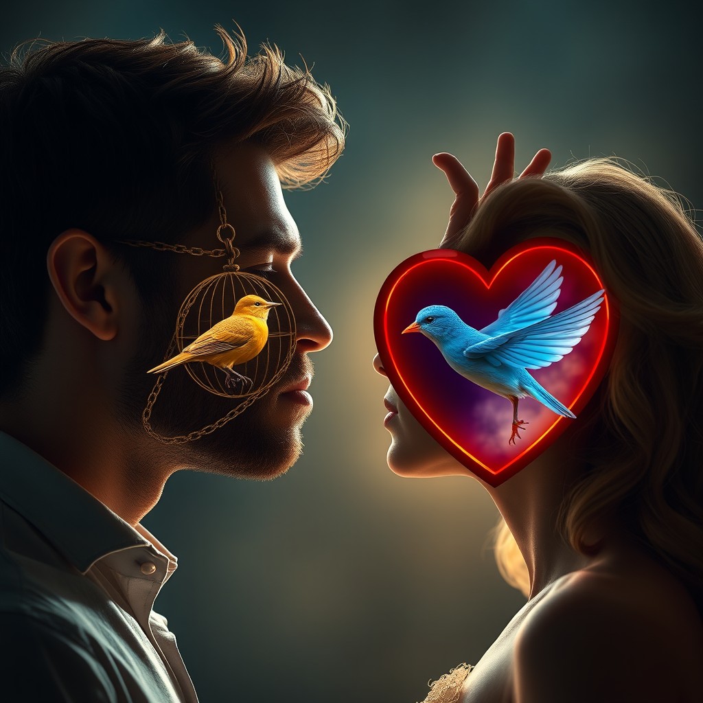 A striking image of a man gazing intently at a woman, with an elaborate visual representation of their hearts