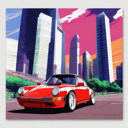 Create a poster featuring a Porsche 911 rendered in the bold and vibrant aesthetic typical of the anime series Neon Genesis Evangelion