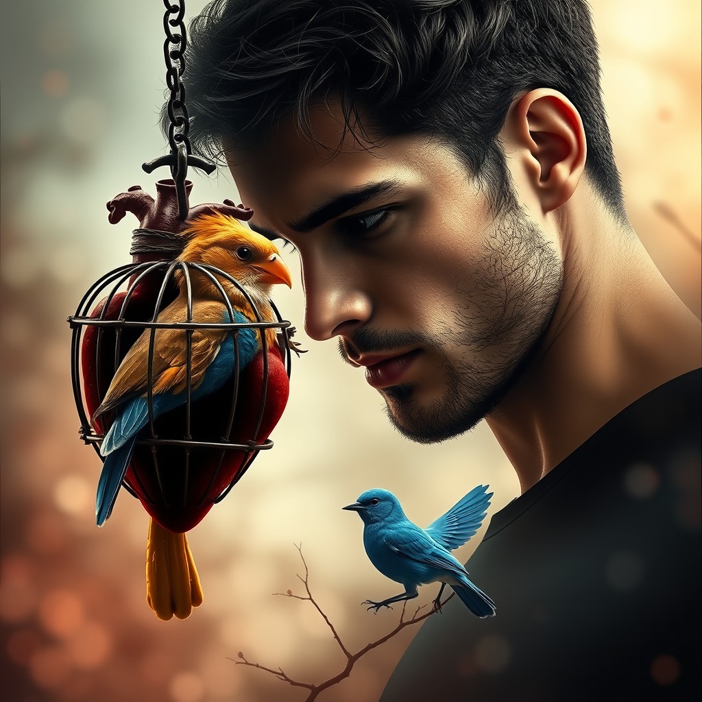 A striking cover design featuring a man with a prison-like heart, symbolized by a captive golden bird caged and chained within it