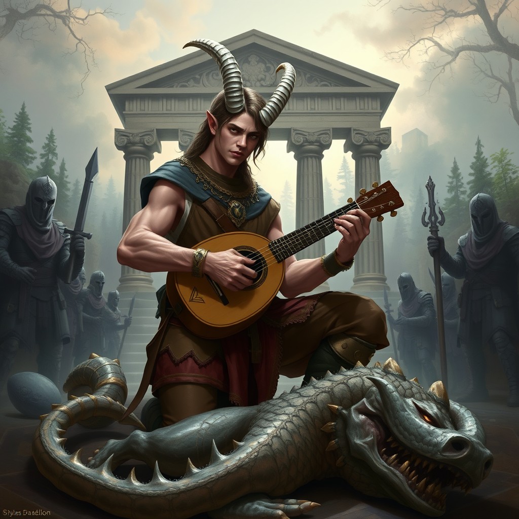 An epic portrait of Sylas Dandelion, a charismatic tiefling bard with rosy skin and white, gold-tipped horns