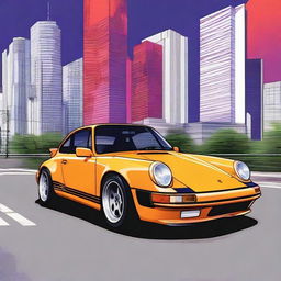 Create a poster featuring a Porsche 911 rendered in the bold and vibrant aesthetic typical of the anime series Neon Genesis Evangelion