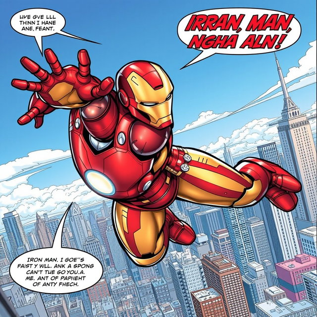 Iron Man soaring through the skies in a dynamic comic book style, showcasing his iconic red and gold armor with detailed engravings and glowing arc reactor