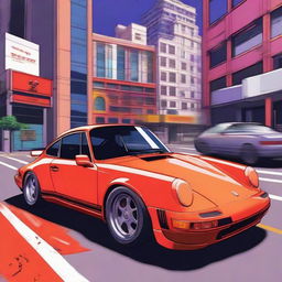 Create a poster featuring a Porsche 911 rendered in the bold and vibrant aesthetic typical of the anime series Neon Genesis Evangelion