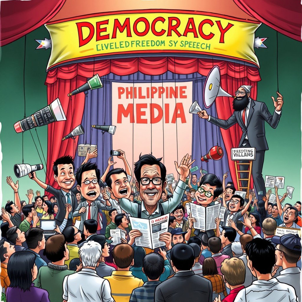 A satirical political cartoon depicting the Philippine media landscape, featuring a large, colorful stage labeled 'Democracy' with vibrant banners celebrating freedom of speech