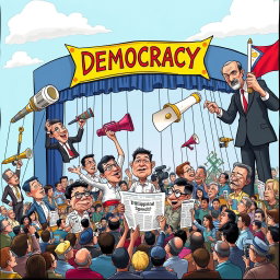 A satirical political cartoon depicting the Philippine media landscape, featuring a large, colorful stage labeled 'Democracy' with vibrant banners celebrating freedom of speech