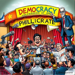 A satirical political cartoon depicting the Philippine media landscape, featuring a large, colorful stage labeled 'Democracy' with vibrant banners celebrating freedom of speech