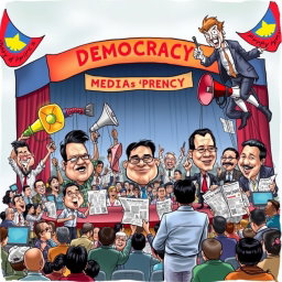 A satirical political cartoon depicting the Philippine media landscape, featuring a large, colorful stage labeled 'Democracy' with vibrant banners celebrating freedom of speech