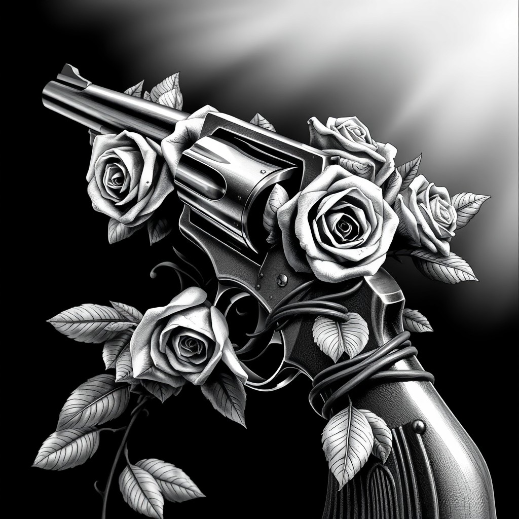 Beautifully Dangerous: Black and White Revolver with Roses Illustration