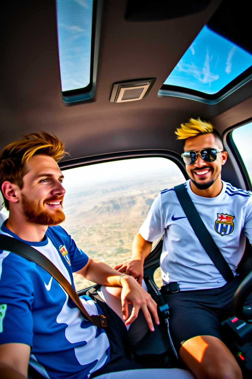 A vibrant scene inside a helicopter with Messi confidently driving, wearing his blue and white Argentina jersey, showcasing his iconic style