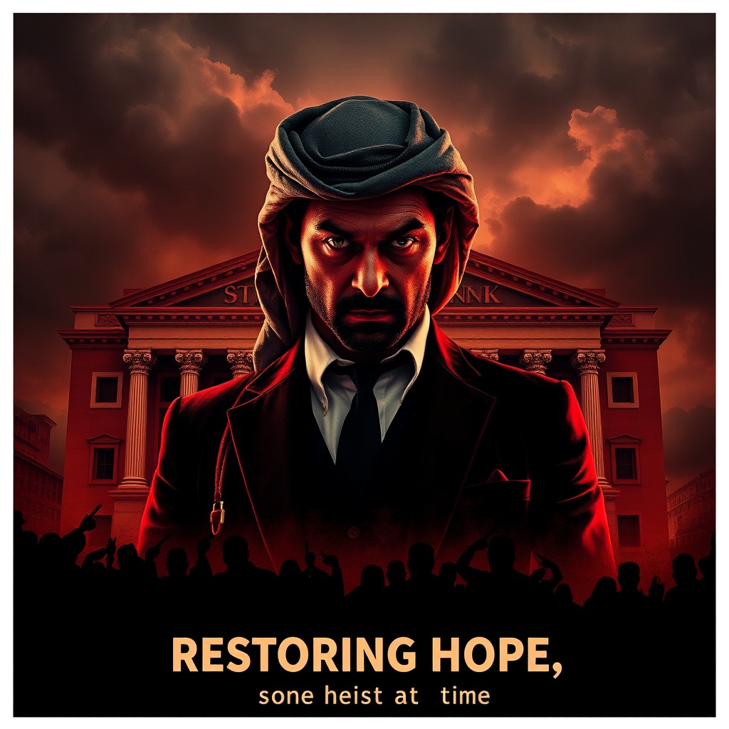A dramatic film poster showcasing a mentally deranged Arab gangster at the forefront of a bank takeover project
