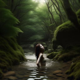 A beautiful, tall Korean girl with a detailed and realistic face, bathing in a clear forest stream amidst breathtaking nature.