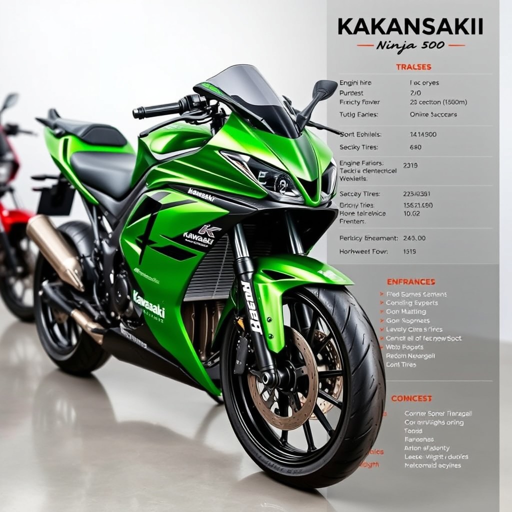 A highly customized Kawasaki Ninja 500 motorcycle, showcasing an array of modifications and upgrades