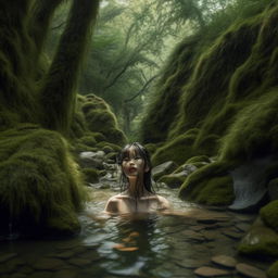 A beautiful, tall Korean girl with a detailed and realistic face, bathing in a clear forest stream amidst breathtaking nature.