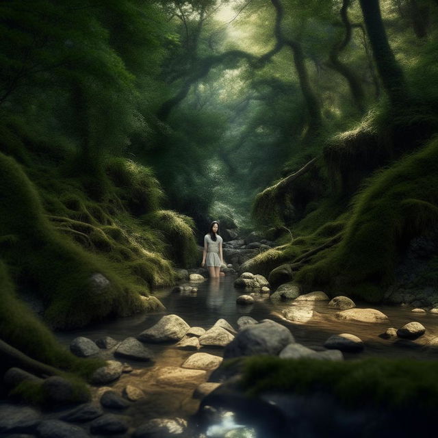 A beautiful, tall Korean girl with a detailed and realistic face, bathing in a clear forest stream amidst breathtaking nature.